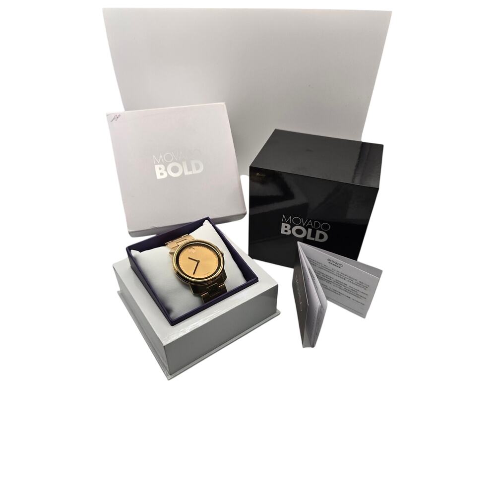 Movado Bold Gold Watch 42.5mm Stainless Steel Link Bracelet Box Papers Classic